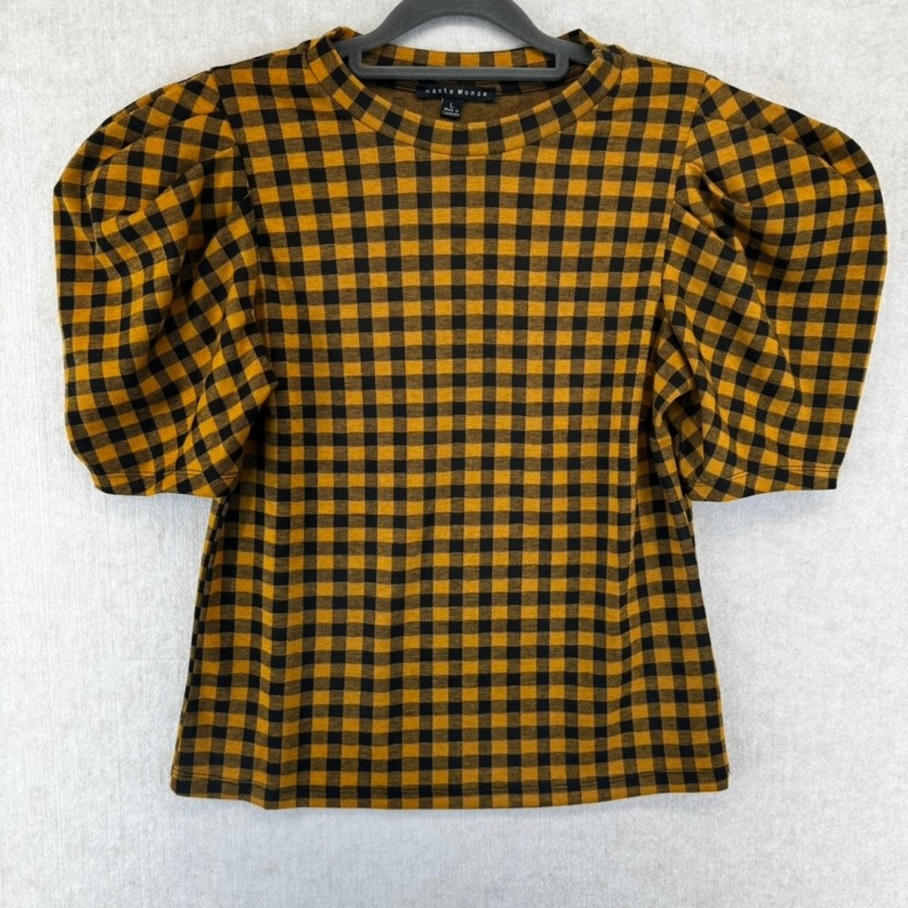 Haute Monde Womens Large Mustard Yellow Crop Top Shirt Gingham Puff Sleeve